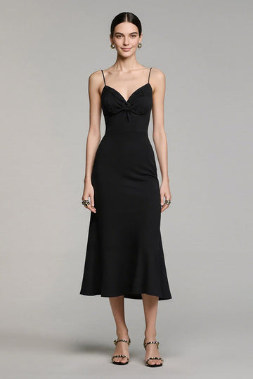 Simple Noir Satin Spaghetti Bretelles Fourreau Robe Longue Formelle